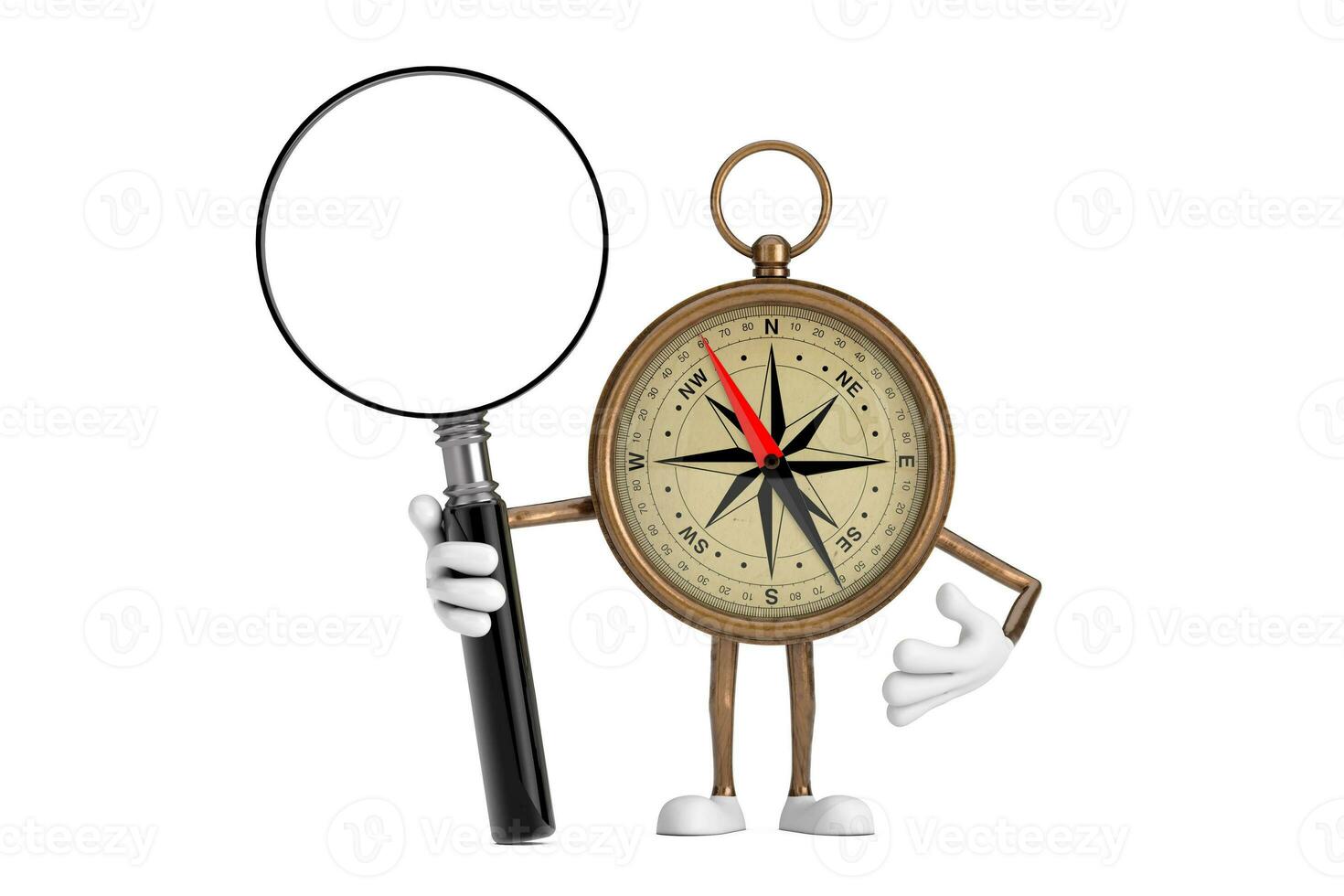 antik årgång mässing kompass tecknad serie person karaktär maskot med förstorande glas. 3d tolkning foto