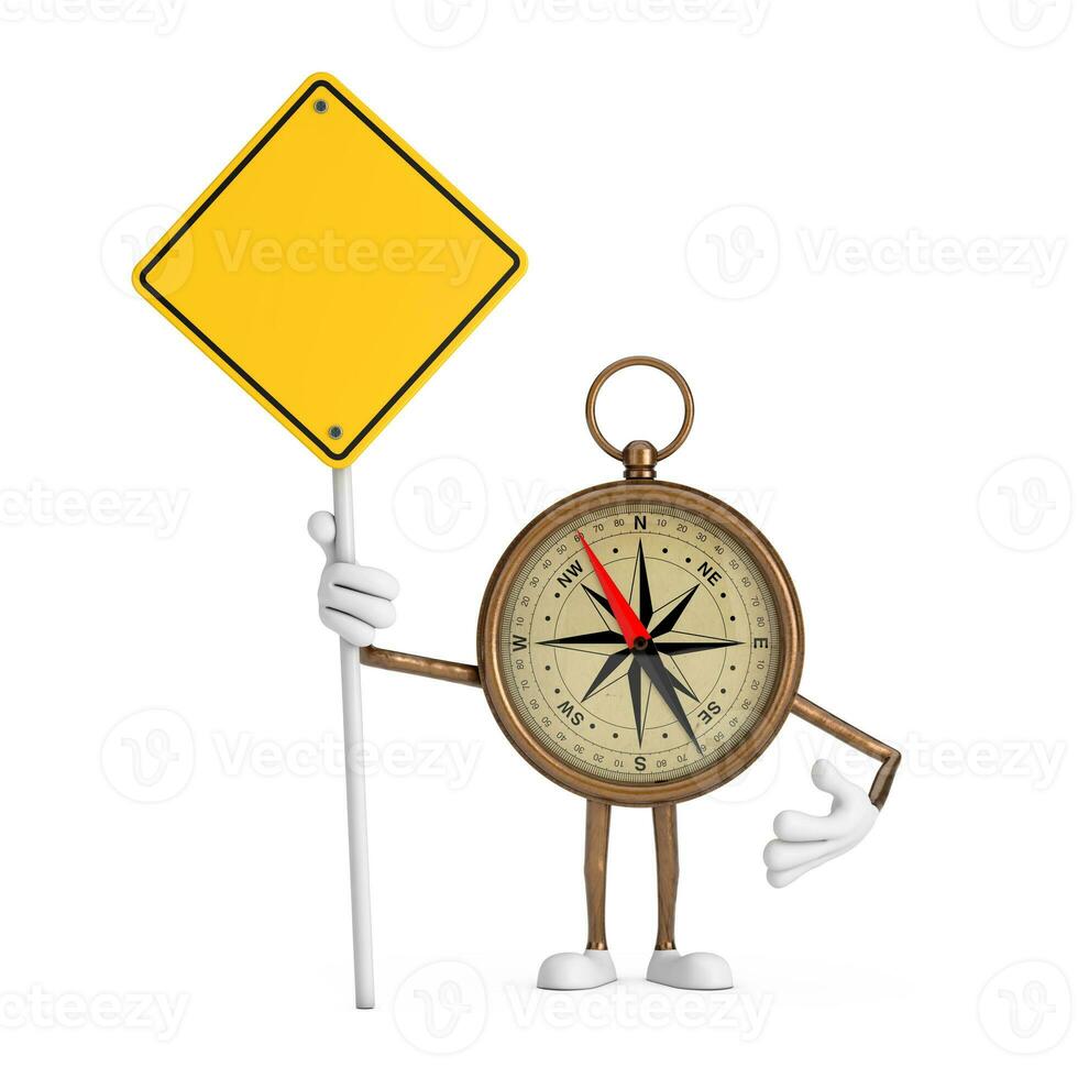 antik årgång mässing kompass tecknad serie person karaktär maskot och gul väg tecken med fri Plats för din design. 3d tolkning foto