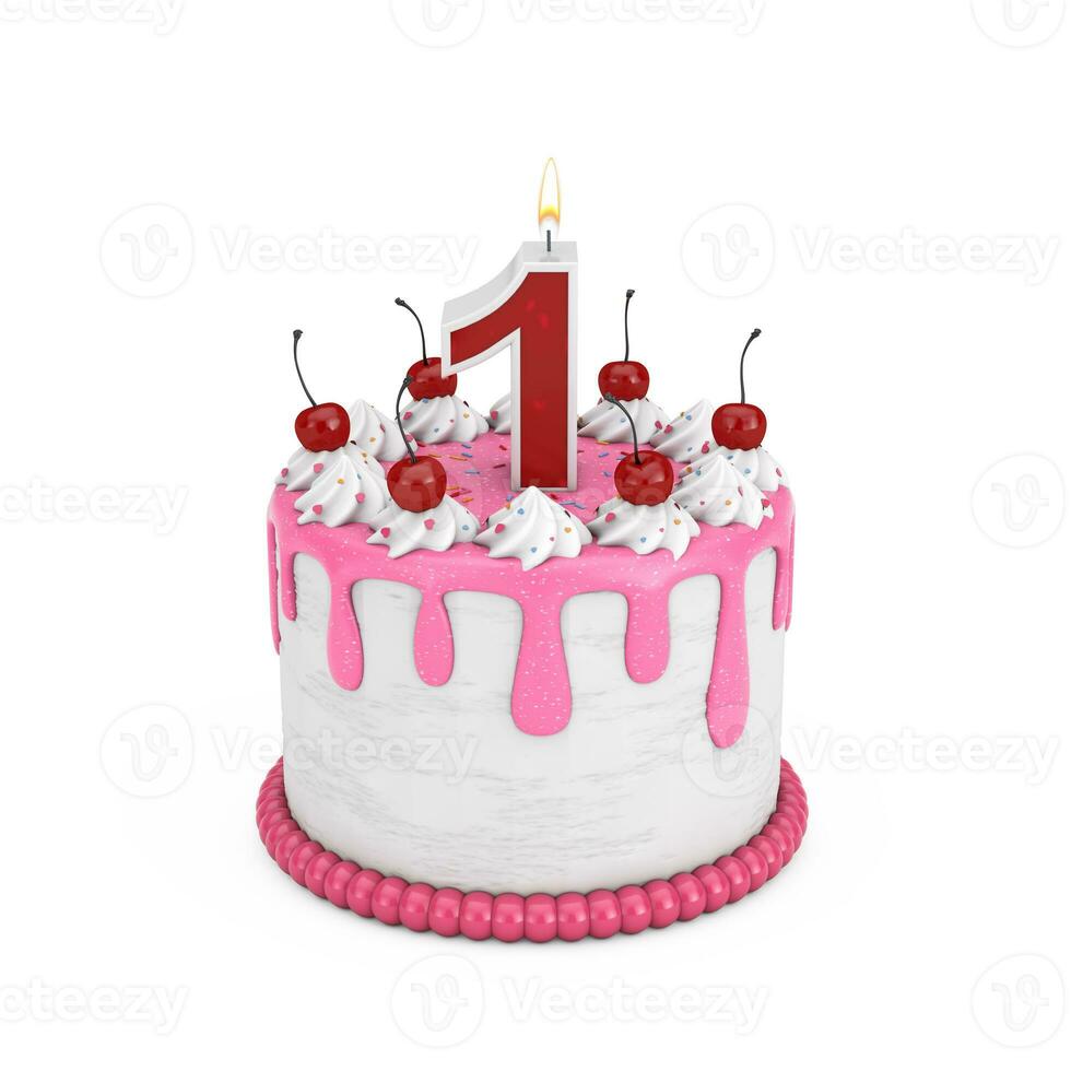 1 år födelsedag begrepp. abstrakt födelsedag tecknad serie efterrätt körsbär kaka med ett år årsdag ljus. 3d tolkning foto