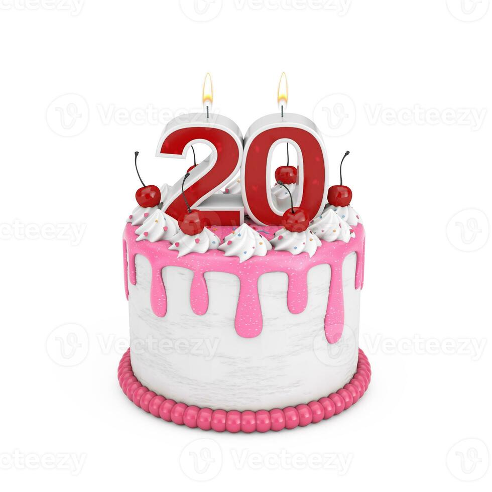 20 år födelsedag begrepp. abstrakt födelsedag tecknad serie efterrätt körsbär kaka med tjugo år årsdag ljus. 3d tolkning foto