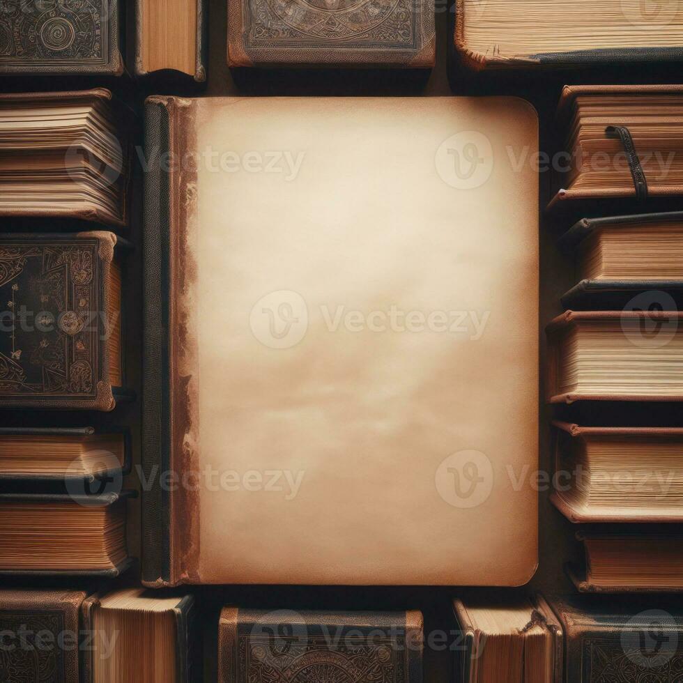 ai genererad öppen bok tom på gammal trä- bakgrund. bok med tom sidor. årgång bok, öppna, på gammal trä- tabell. foto