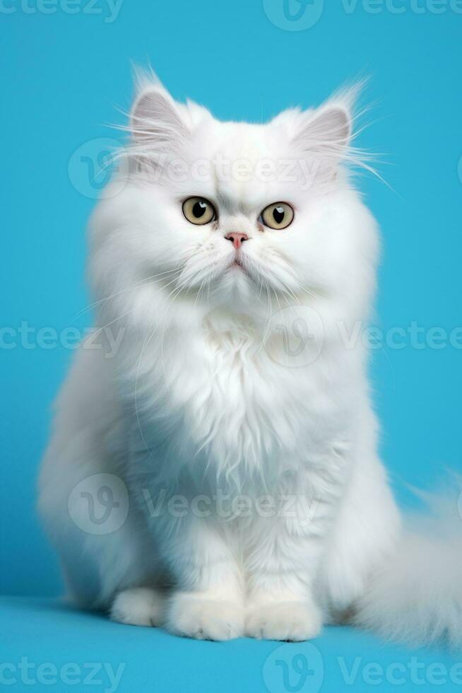 ai genererad vit persisk topp näsa katt med lång hår Sammanträde på en blå bakgrund foto
