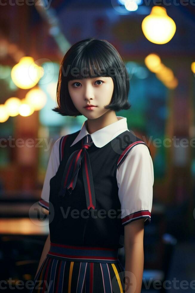 ai genererad en ung kinesisk hög skola studerande flicka med kort hår i en skola enhetlig foto