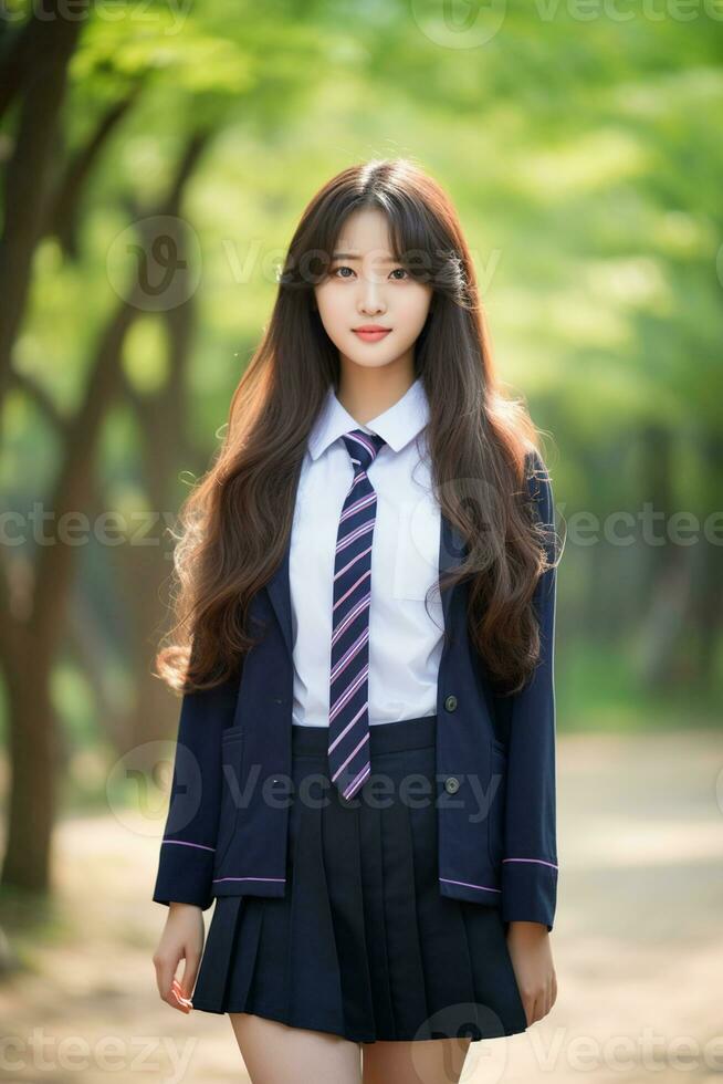ai genererad en skön ung koreanska hög skola studerande flicka i en skola enhetlig utomhus foto
