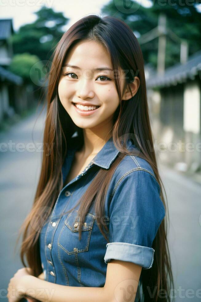 ai genererad en ung asiatisk kvinna i en denim skjorta foto