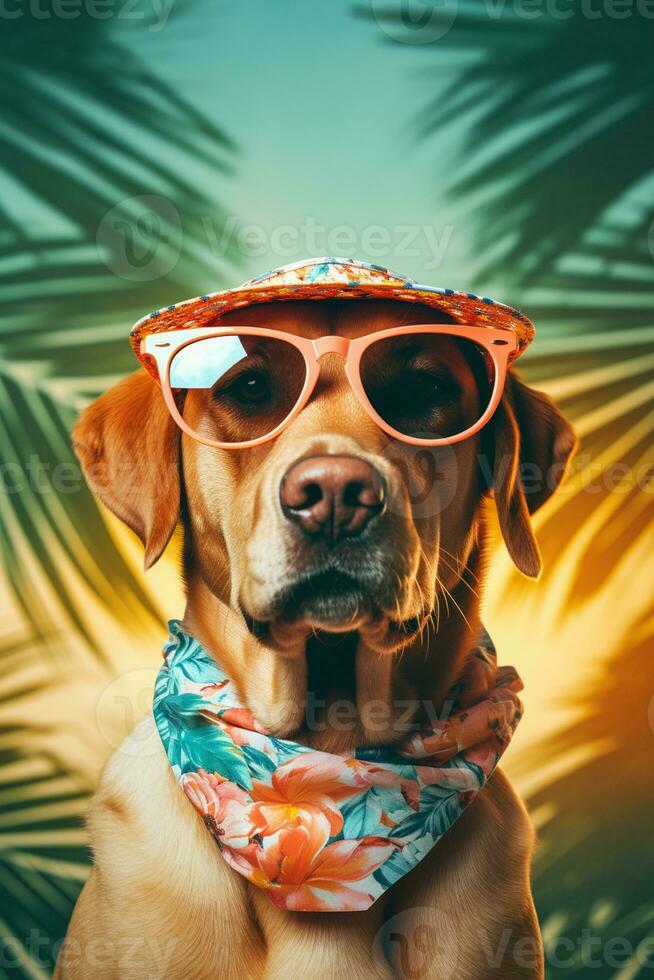 ai genererad hund bär solglasögon och en bandana på en tropisk bakgrund foto