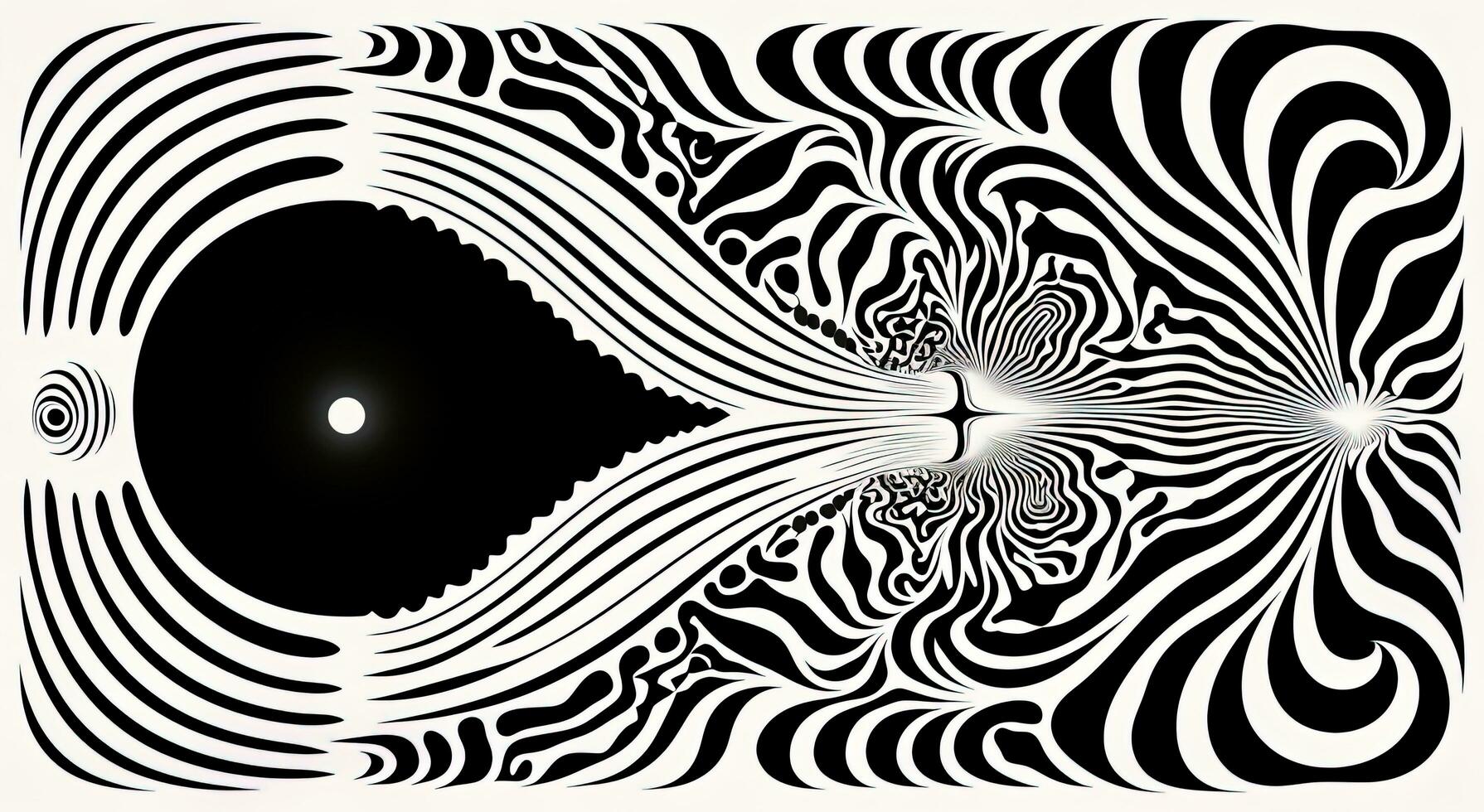 ai genererad generativ ai, overkligt svart och vit bakgrund, abstrakt optisk illusion, trippy psychedelic årgång mitten århundrade modern geometrisk mönster foto