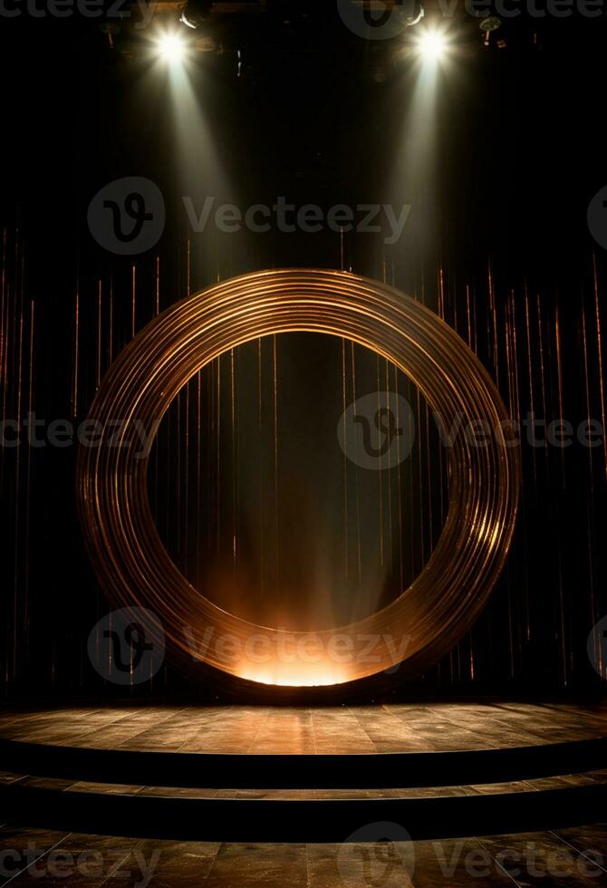 ai genererad skede bakgrund med en stor cirkulär ljus, i mörk brons och guld stil, trä för sammansättning ai genererad foto