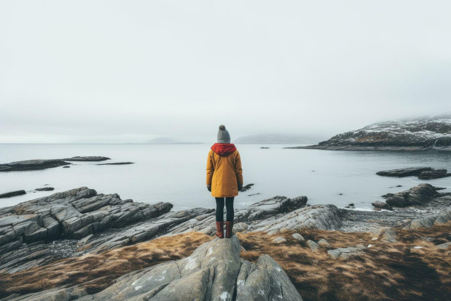 ai genererad en ung kvinna i en gul regnkappa står på en sten och utseende på de hav i de dimma, kvinna ensam ser på dimmig hav reser äventyr livsstil utomhus- ensamhet ledsen, ai genererad foto