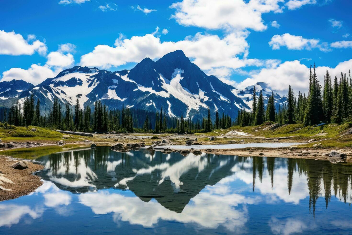 ai genererad bergen reflekterad i en sjö i jaspis nationell parkera, alberta, Kanada, visslare berg reflekterad i förlorat sjö med en blå nyans, ai genererad foto