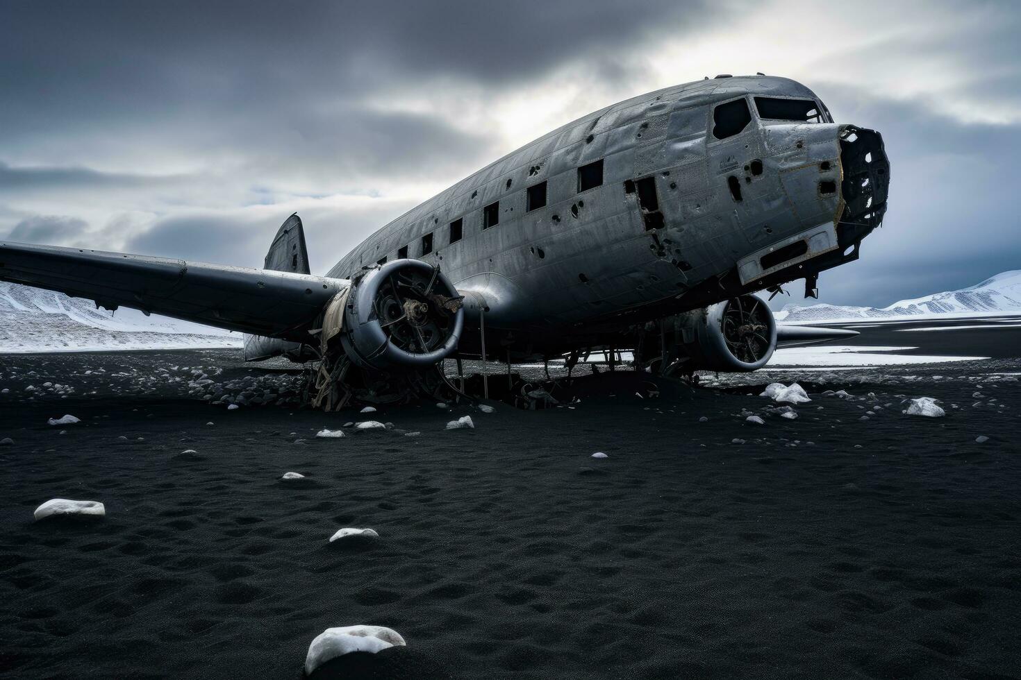 ai genererad övergiven flygplan på de svart sand i island. tonad, ett övergiven flygplan vilar högtidligt på en ödslig svart sand strand, ai genererad foto