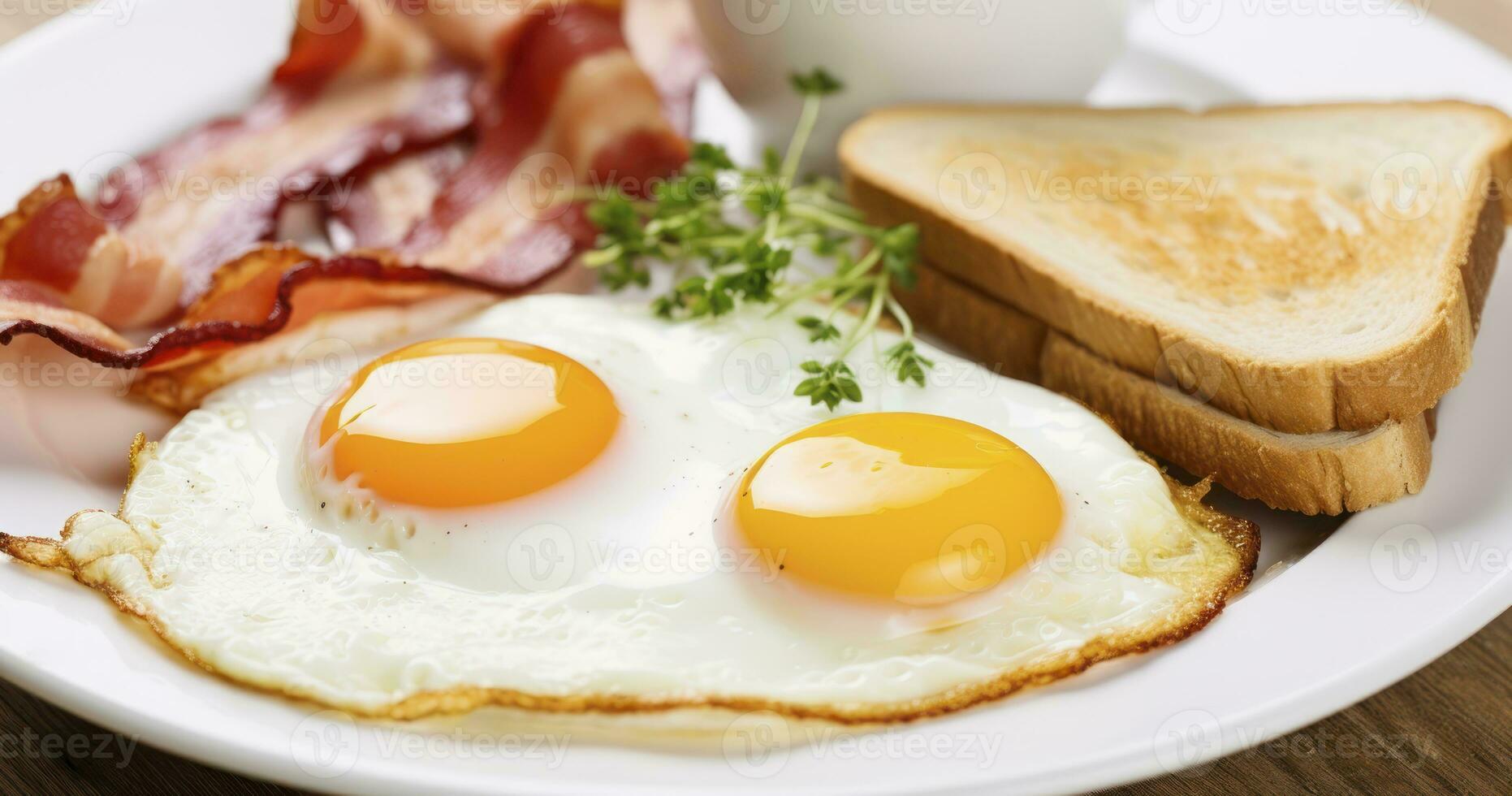 ai genererad traditionell frukost med bacon, friterad ägg och rostat bröd foto