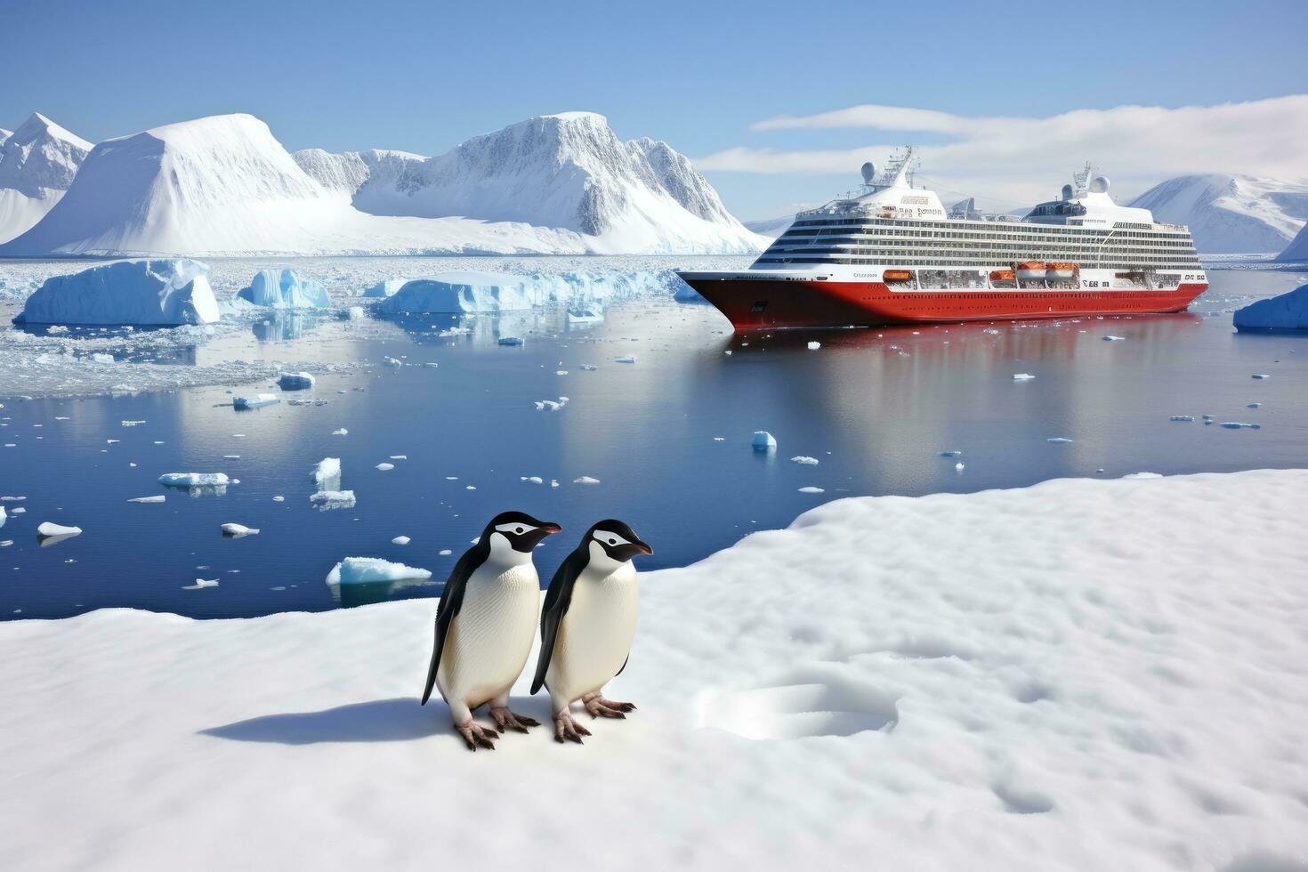 ai genererad antarktisk pingviner på de is isflak med kryssning fartyg, antarctica pingviner och en kryssning fartyg, ai genererad foto