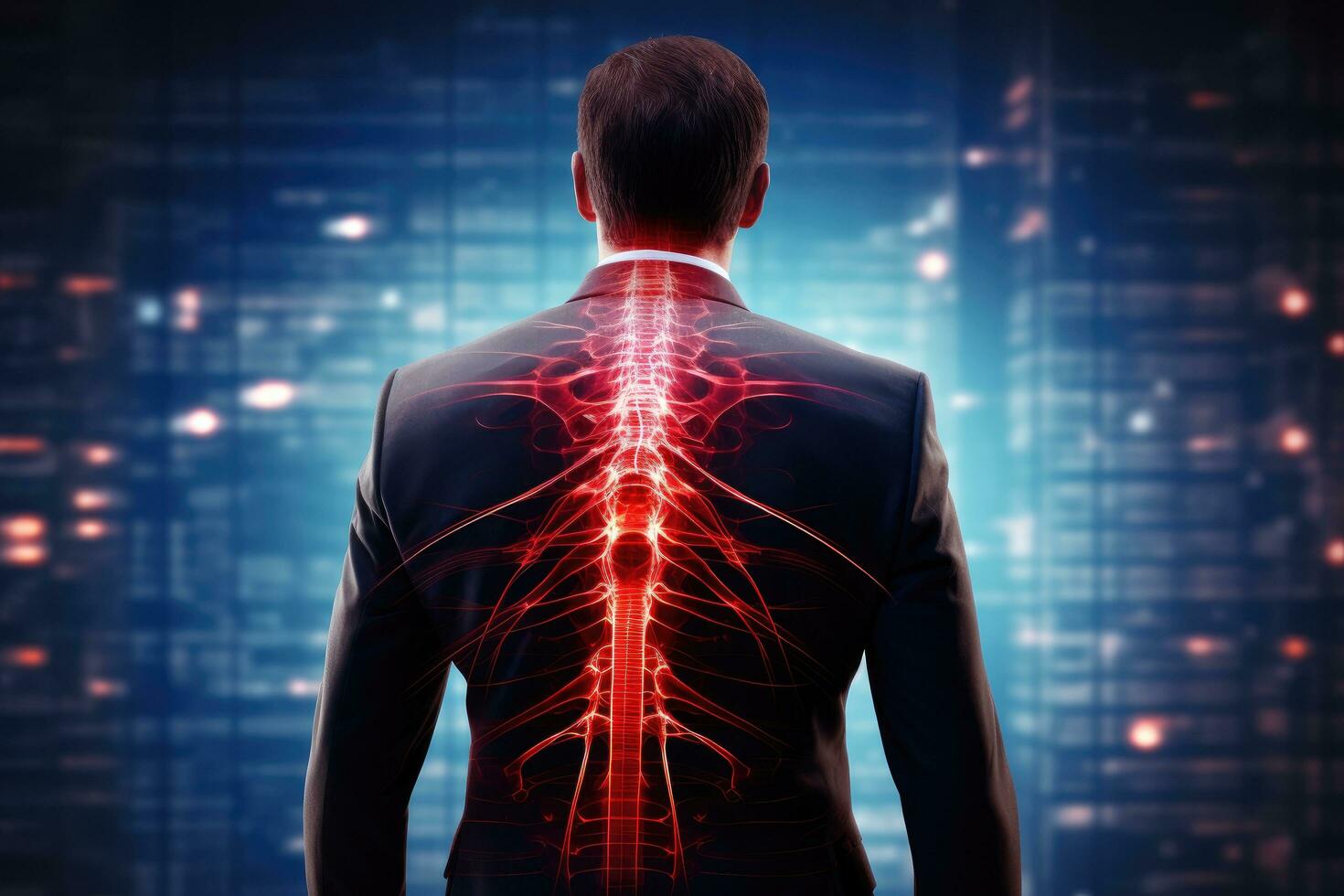 ai genererad tillbaka se av affärsman ser på röntgen mänsklig kropp på digital bakgrund, tillbaka smärta markerad i ett kontor miljö med en röd holografiska ryggrad, ai genererad foto