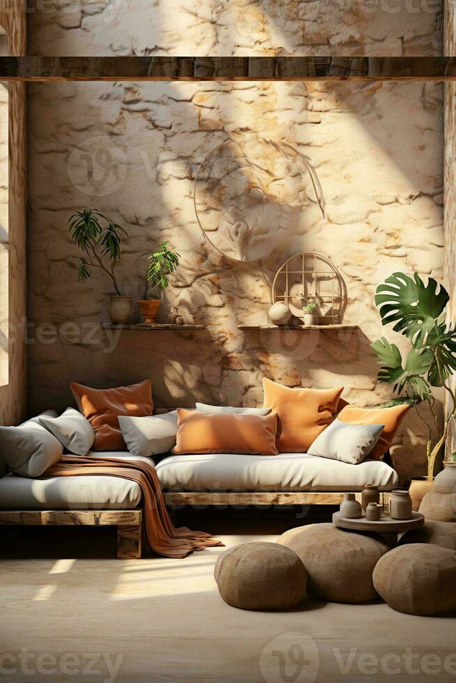 ai genererad värma och inbjudande levande rum med en sten vägg, grå soffa, trä- kaffe tabell, och grön växter. en öppen spis lägger till till de mysigt atmosfär. de rum är dekorerad med en blanda av rustik foto