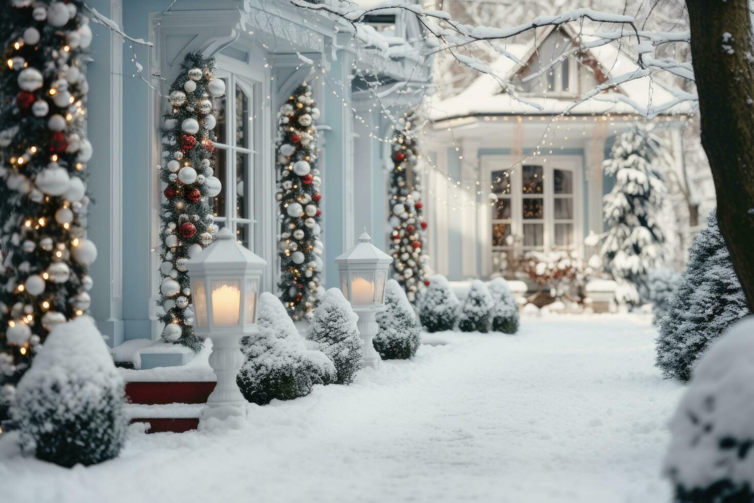 ai genererad vinter- snöig gata med ficklampor, jul träd dekorerad med kransar och jul träd dekorationer i oskärpa. jul exteriör i de amerikan stil. foto