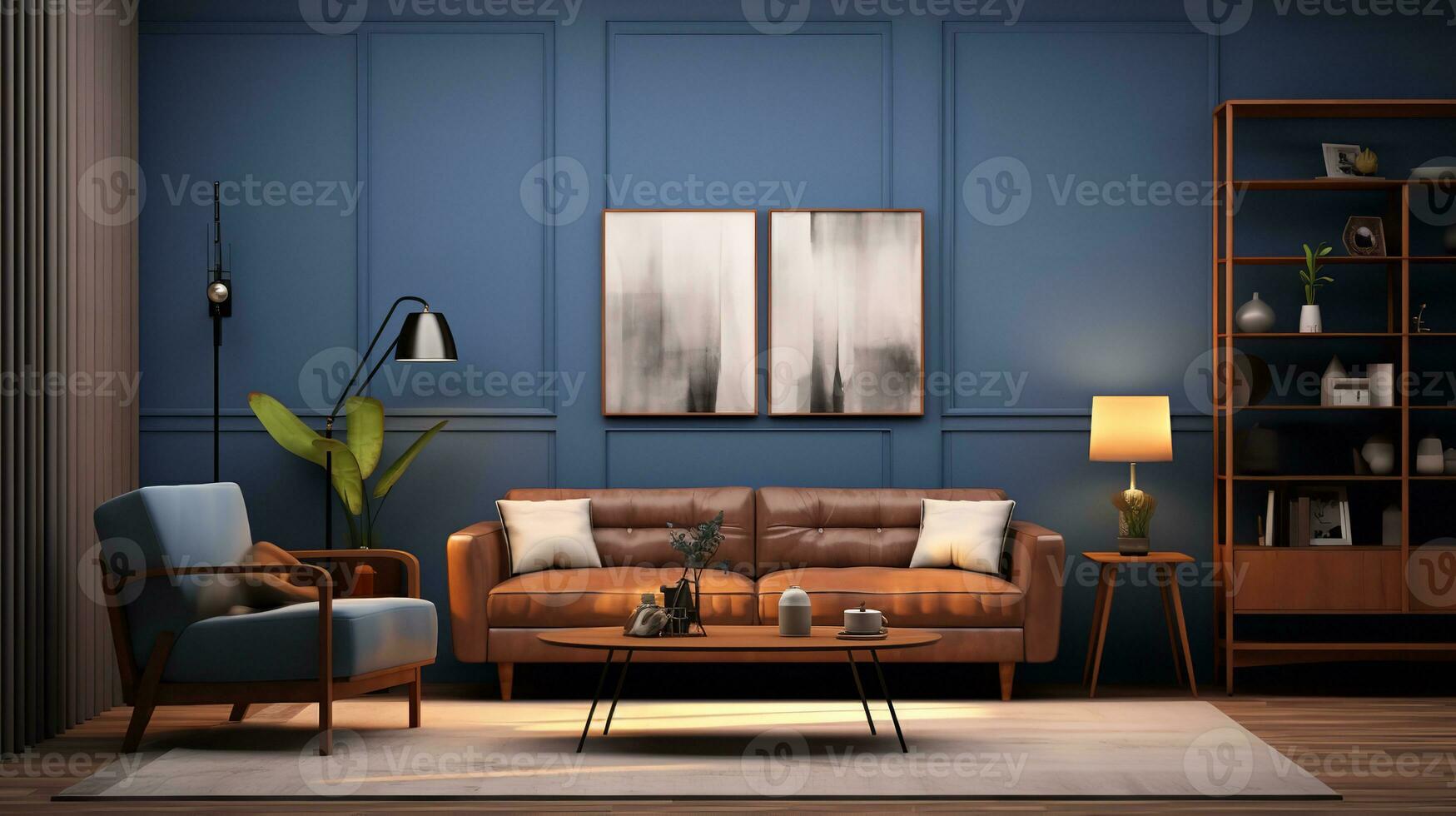 ai alstrande Foto av skandinaviskt inspirerad levande rum med vit sektions soffa, ljus trä kaffe tabell, sträng lampor, och stor fönster. de vit sektions soffa är de fokal- punkt av de rum