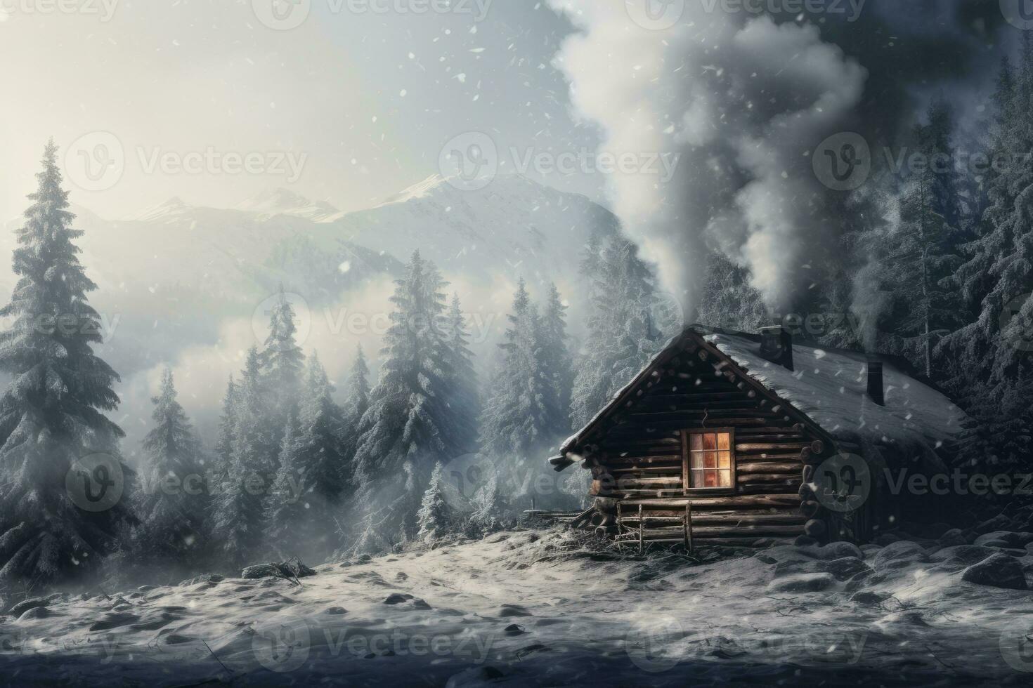 ai genererad frost natt berg år träd landskap frysta gran snö trä- ljus ny natur hus foto