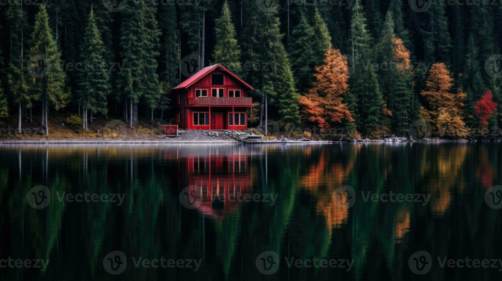 ai genererad liten röd hus i de trän nära de sjö. ensam hus i de skog foto