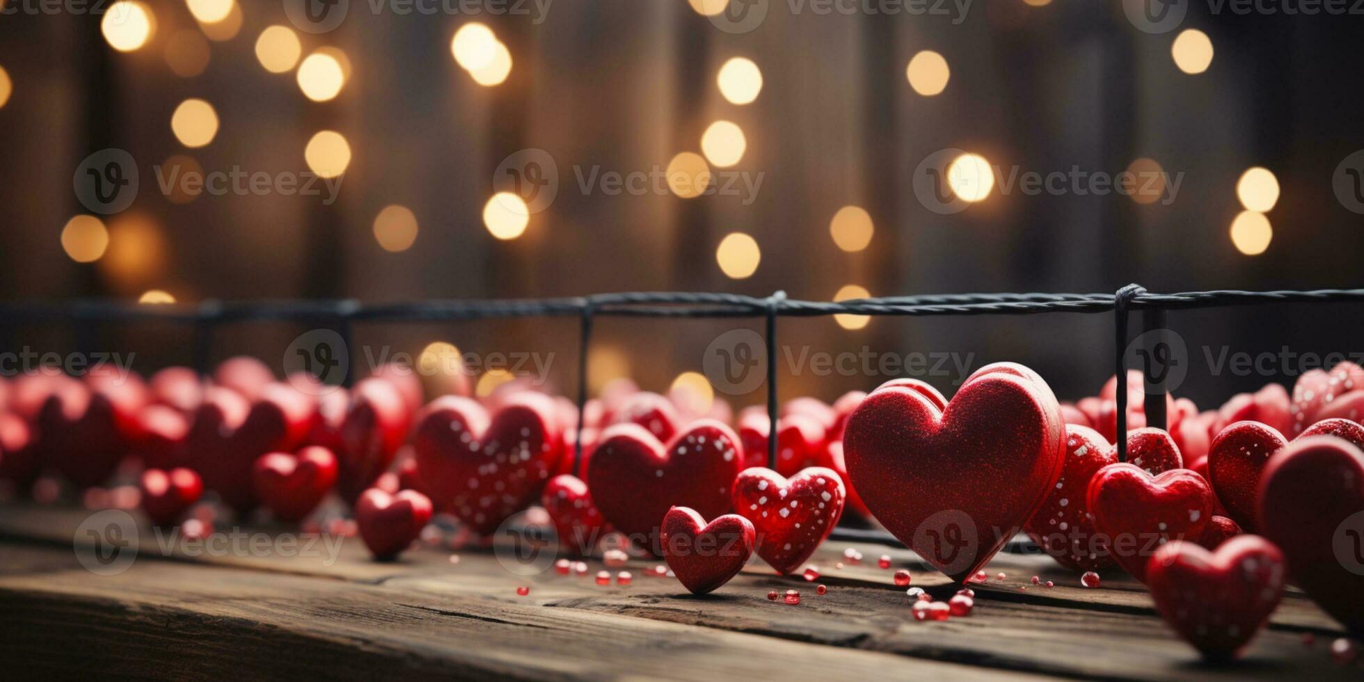 ai genererad Lycklig hjärtans dag bröllop födelsedag bakgrund baner panorama- hälsning röd hjärtan hängande på trä- klädnypor rep med bokeh lampor på bakgrund foto