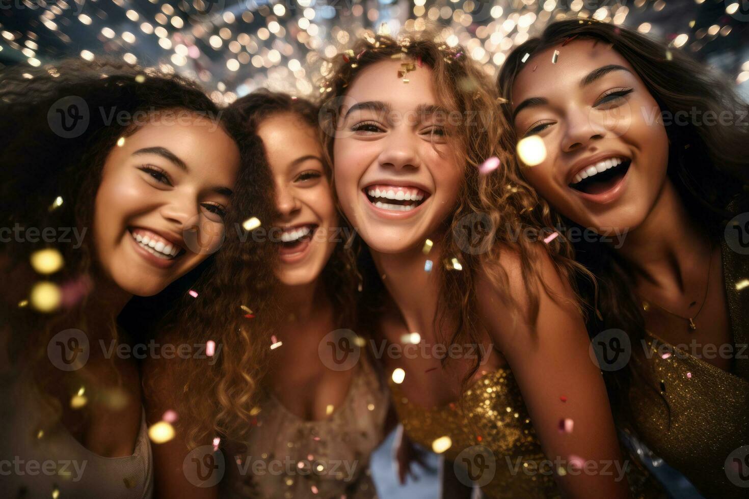 ai genererad fyra Tonårs vänner fira ny år eve. ung kvinnor bär glittrande klädespersedlar dans på jul fest. foto
