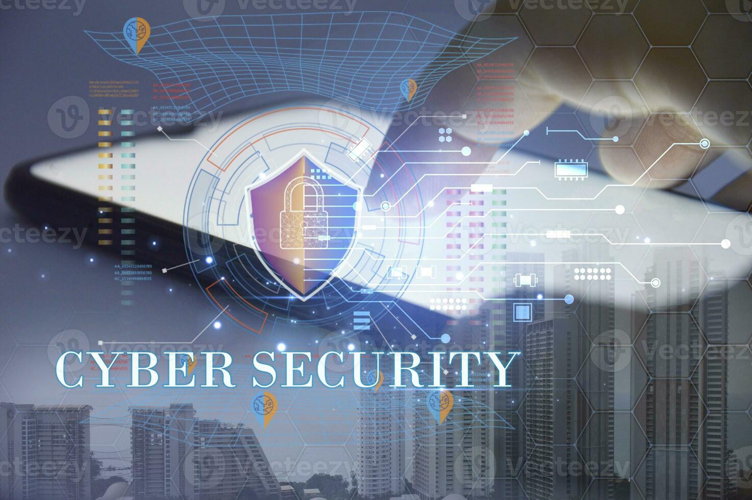 cybersäkerhetskoncept, användarintegritetssäkerhet och kryptering, säker internetåtkomst framtidsteknologi och cybernetik, skärmhänglås. foto