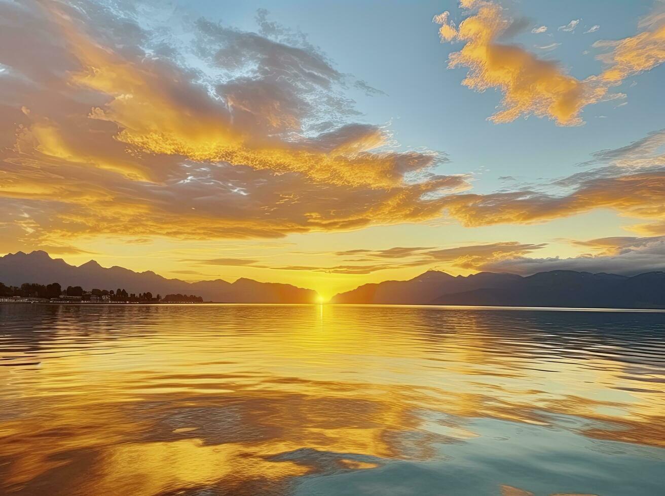 ai genererad ljus solnedgång över sjö gyllene moln reflektera i de vatten. ai genererad. foto