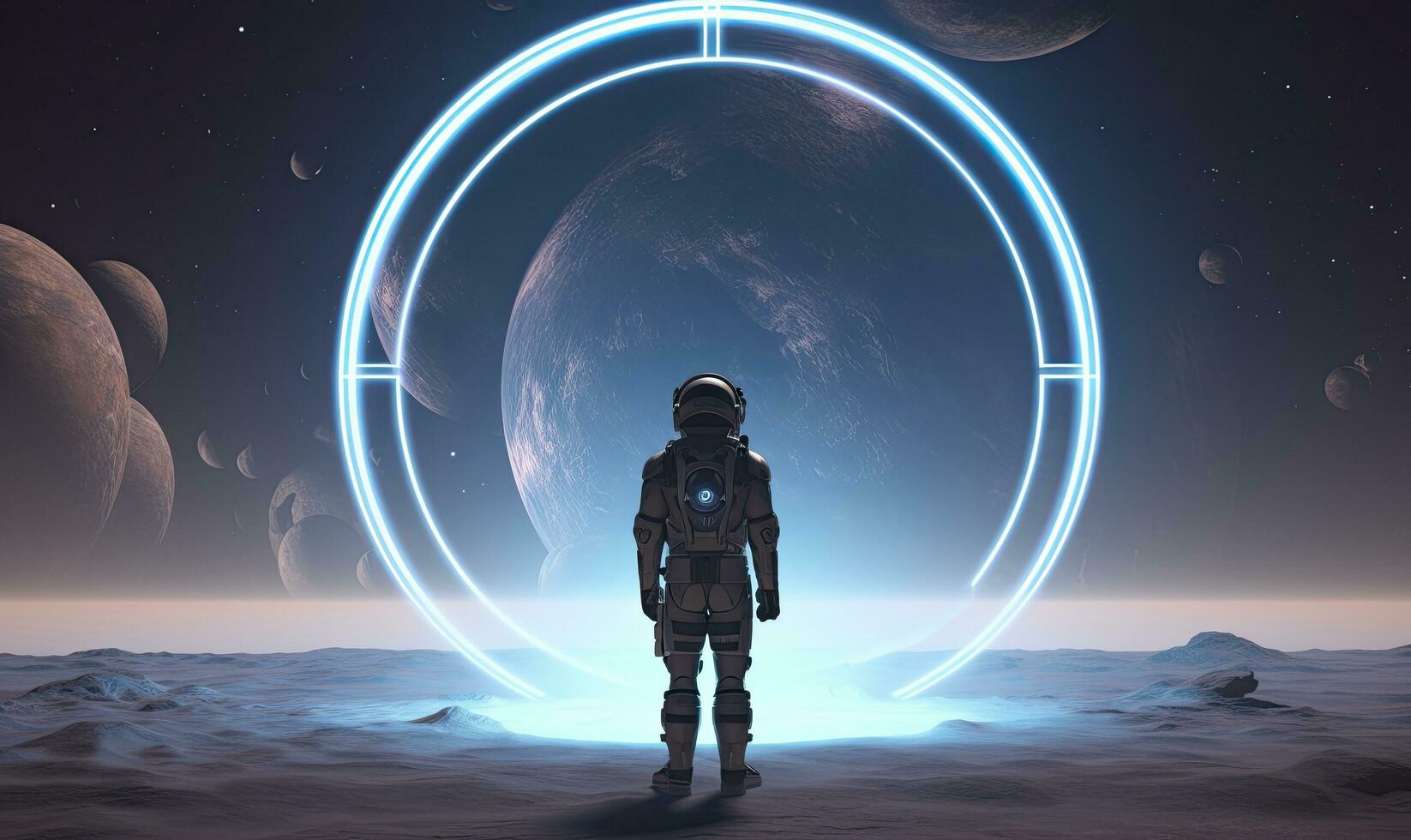 ai genererad astronaut i främre av dimensionell portal. ai genererad. foto