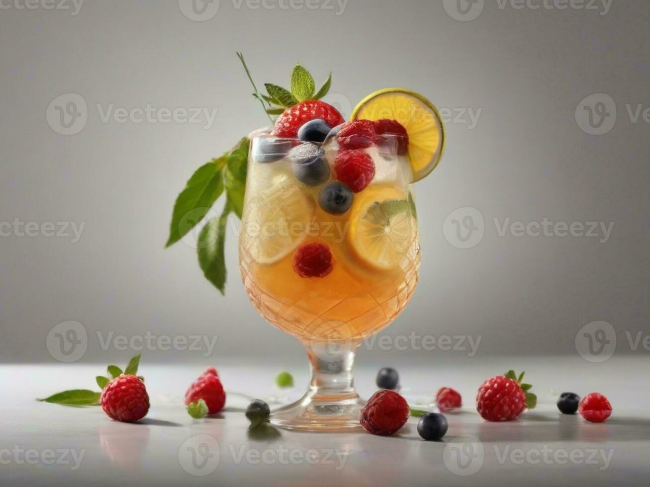 ai genererad glas av alkohol kall coctail dekorerad med is, frukt och mynta vistas på trä tabell. färsk juice på bakgrund med citron, jordgubbe, kalk. foto