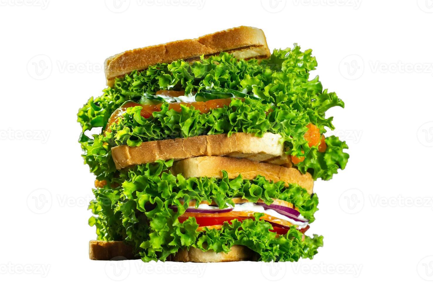 uppsättning av smörgåsar med färsk lax, skinka, grönsaker, sallad. hemlagad smörgåsar. friska snabb mat. isolera. foto