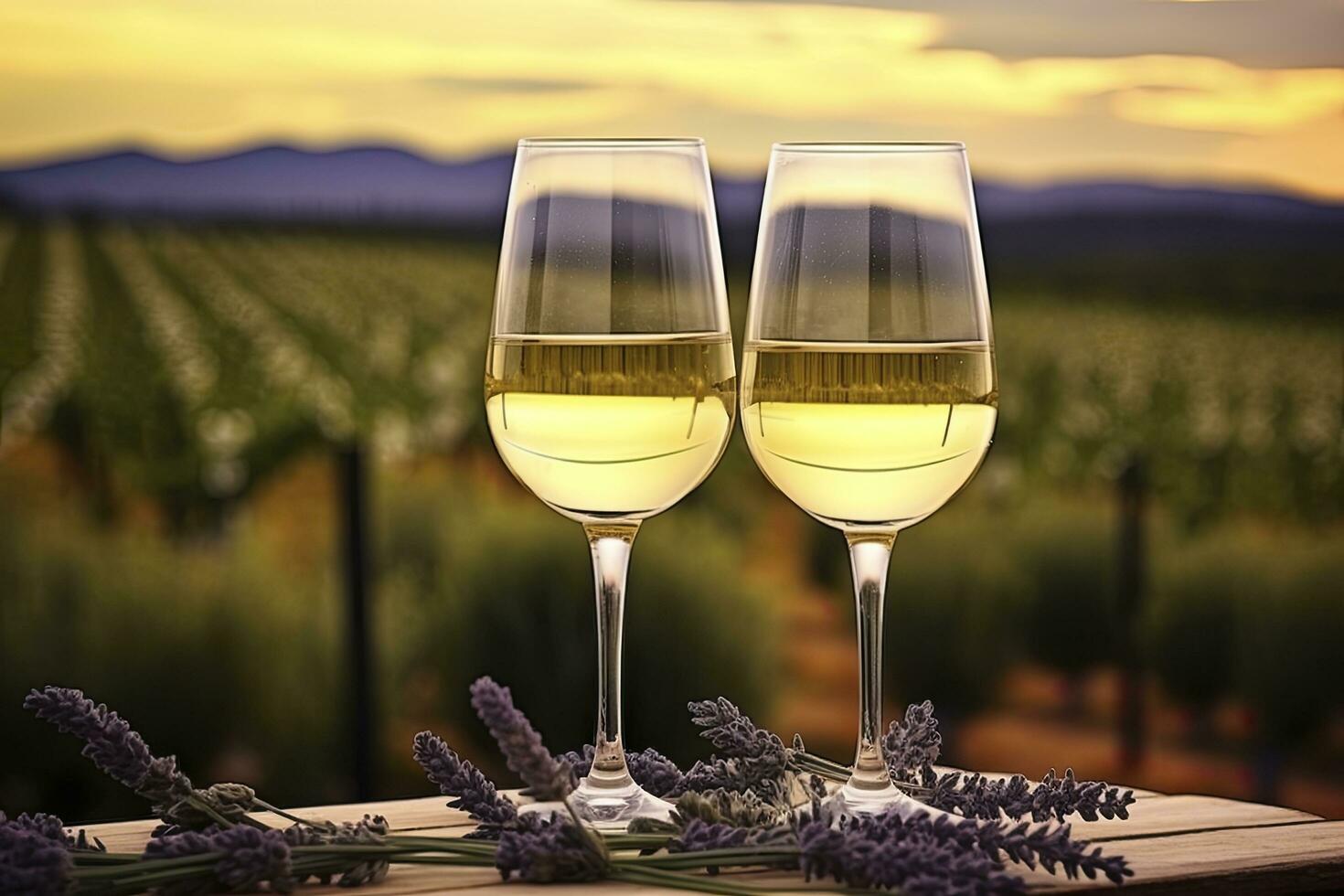 ai genererad två glasögon med vit vin på bakgrund av en lavendel- fält. ai genererad foto