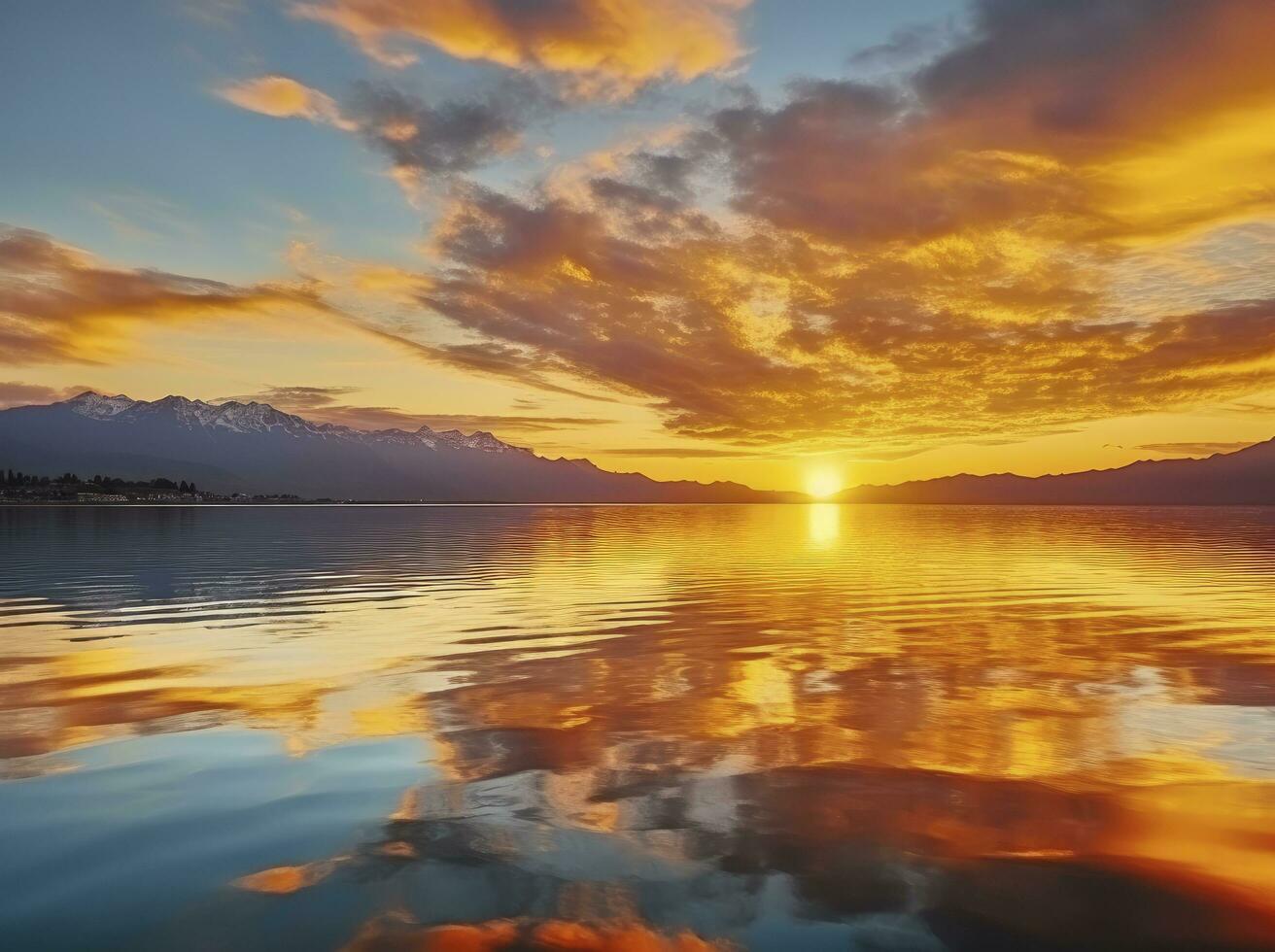 ai genererad ljus solnedgång över sjö gyllene moln reflektera i de vatten. ai genererad. foto