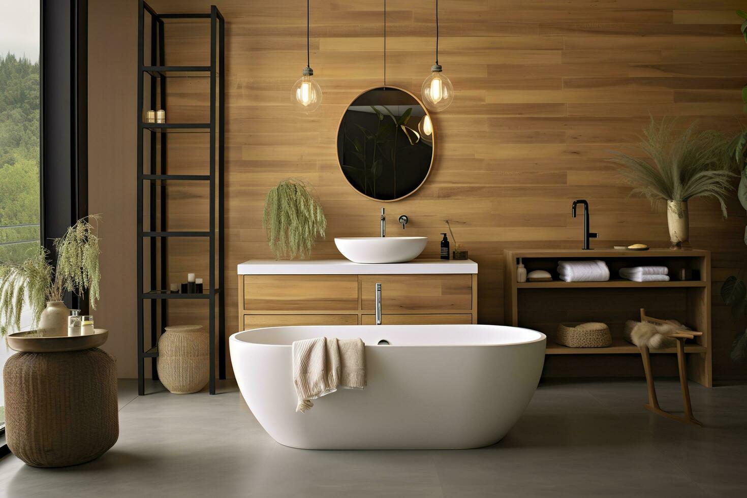 ai genererad interiör av eleganta badrum med trä- skåp, handfat, badkar, och spegel. ai genererad foto