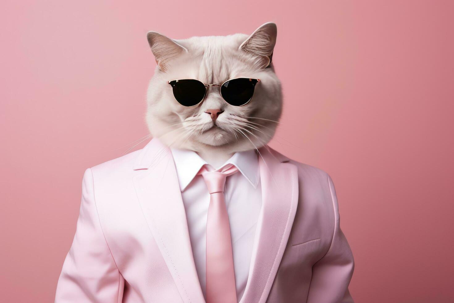 ai genererad en katt är bär solglasögon och kostym på rosa bakgrund. ai genererad foto