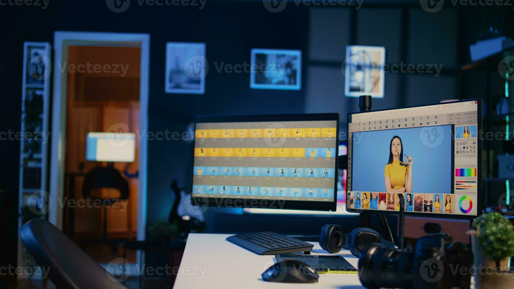 kreativ kontor skrivbord med mång övervaka dator uppstart Begagnade för bild retuschering, zoom i skott. tömma blå neon belyst specialiserade posta bearbetning studio med redigering programvara gränssnitt på pc skärmar foto