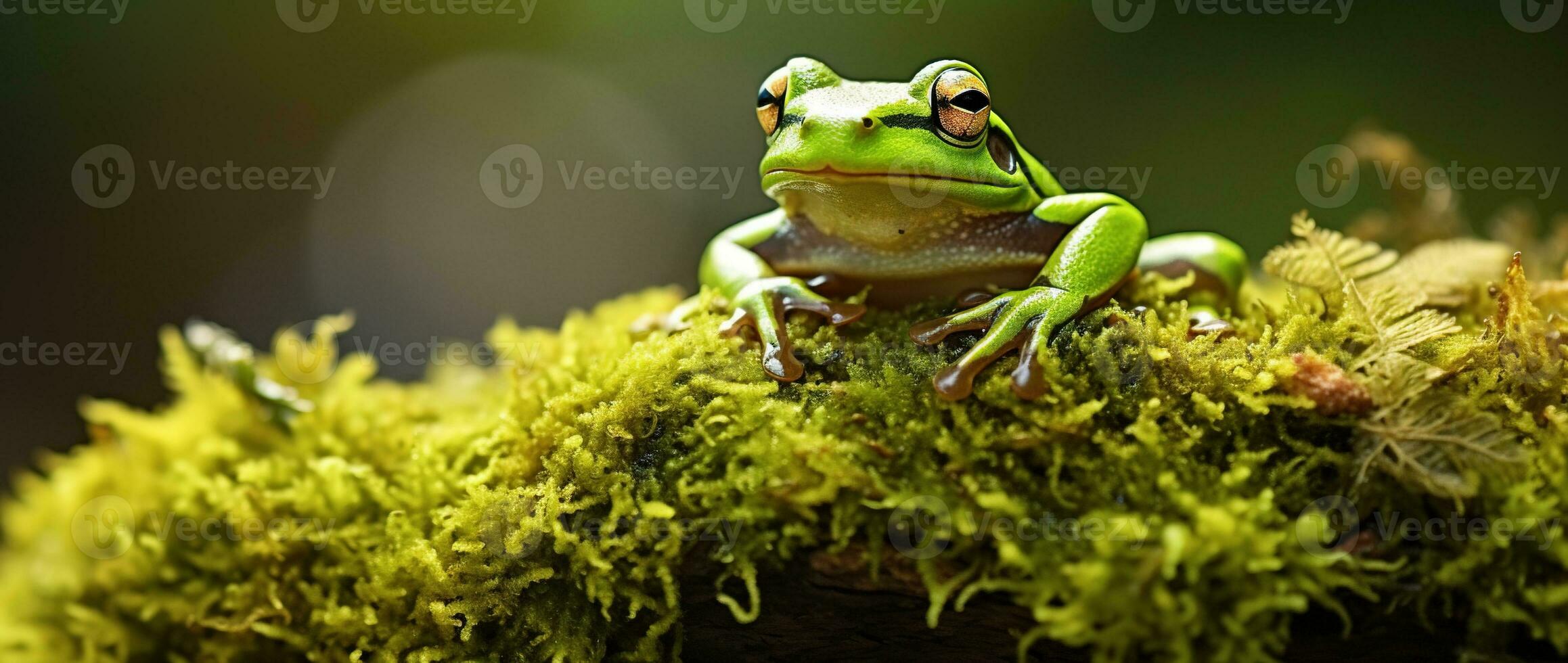 ai genererad grön träd groda Sammanträde på mossa i de regnskog. vilda djur och växter scen från natur. foto