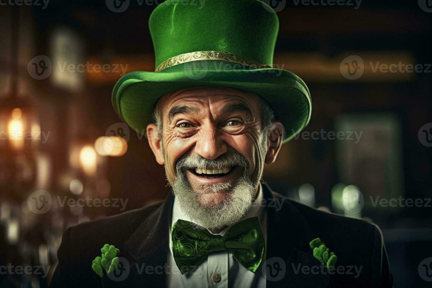 ai genererad porträtt av en Lycklig pyssling med klöver löv. st. Patricks dag. foto