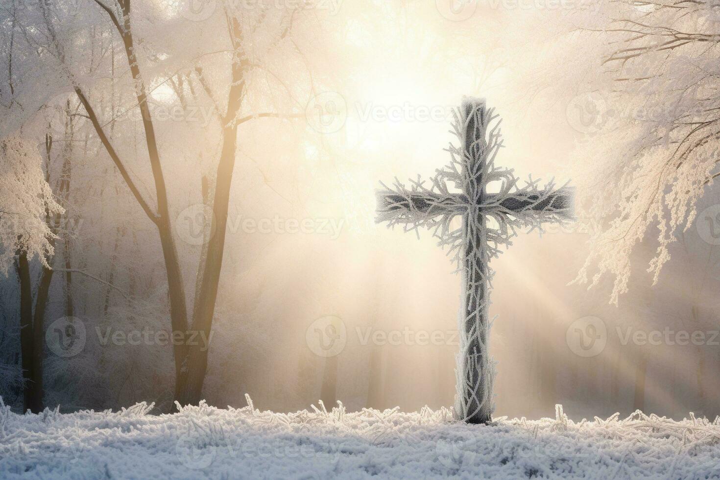 ai genererad korsa i de vinter- skog. kristen korsa i de snöig skog. foto
