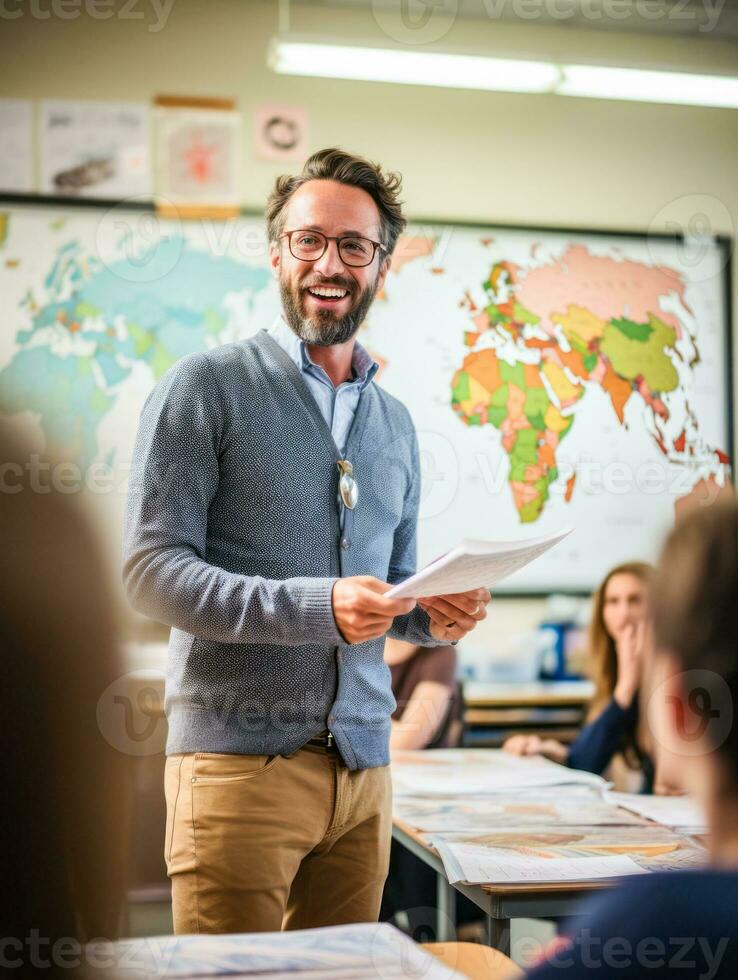 ai genererad en strålande vit manlig lärare med en Tröja och glasögon innehar papper, undervisning i främre av en värld Karta i en geografi klassrum med studenter. foto