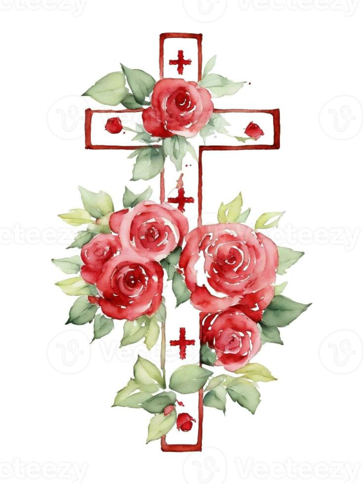 ai genererad vattenfärg c kristen korsa med röd ro på en vit bakgrund foto