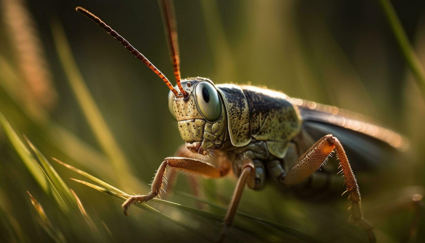 ai genererad stänga upp av en grön gräshoppa på en små blad i natur genererad förbi ai foto