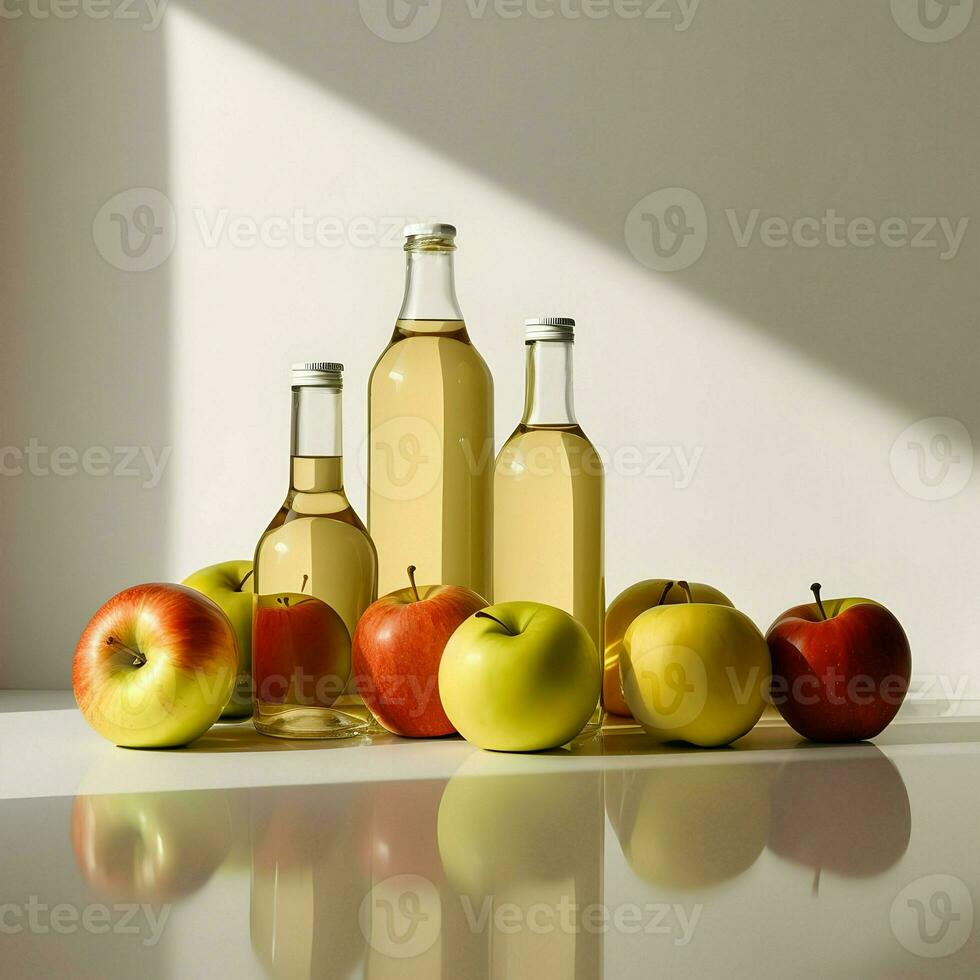 ai genererad äpple juice i glas flaskor med äpplen runt om på de ljus bakgrund. hög upplösning. ai generativ foto