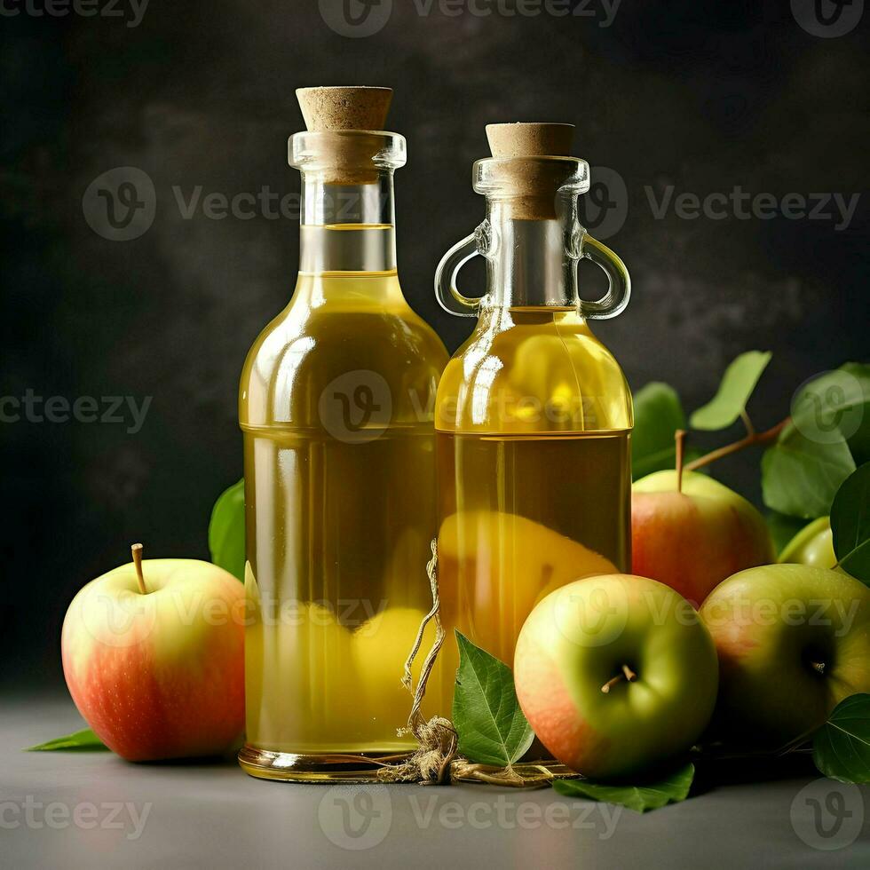 ai genererad äpple juice i glas flaskor med äpplen runt om på de mörk bakgrund. hög upplösning. ai generativ foto