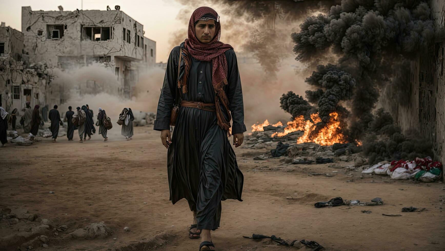 ai genererad kvinna i traditionell kläder promenader genom de gator av palestina under bomba explosion i palestina Israel krig foto
