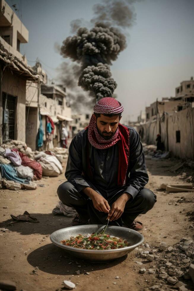 ai genererad fattig man med en skål av mat under Israel och palestina krig foto