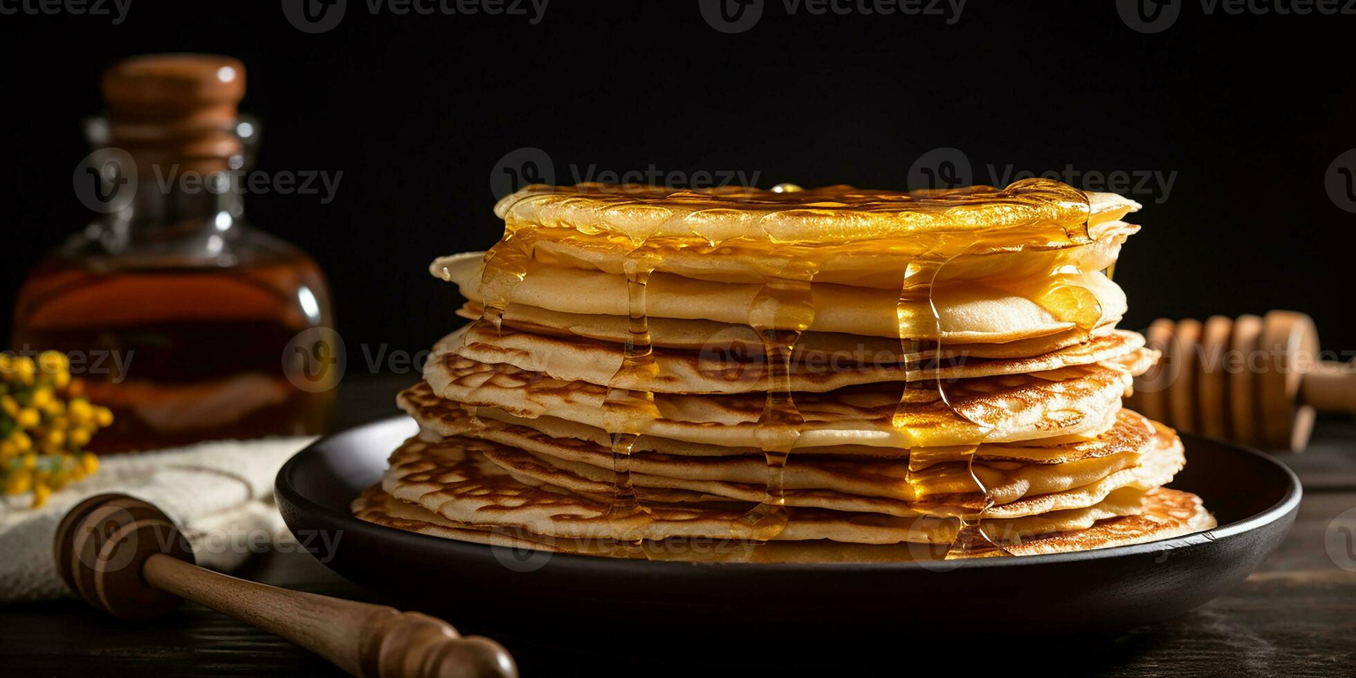 ai genererad en stack av pannkakor med honung, en symbol av maslenitsa. hemlagad mat, friska frukost foto