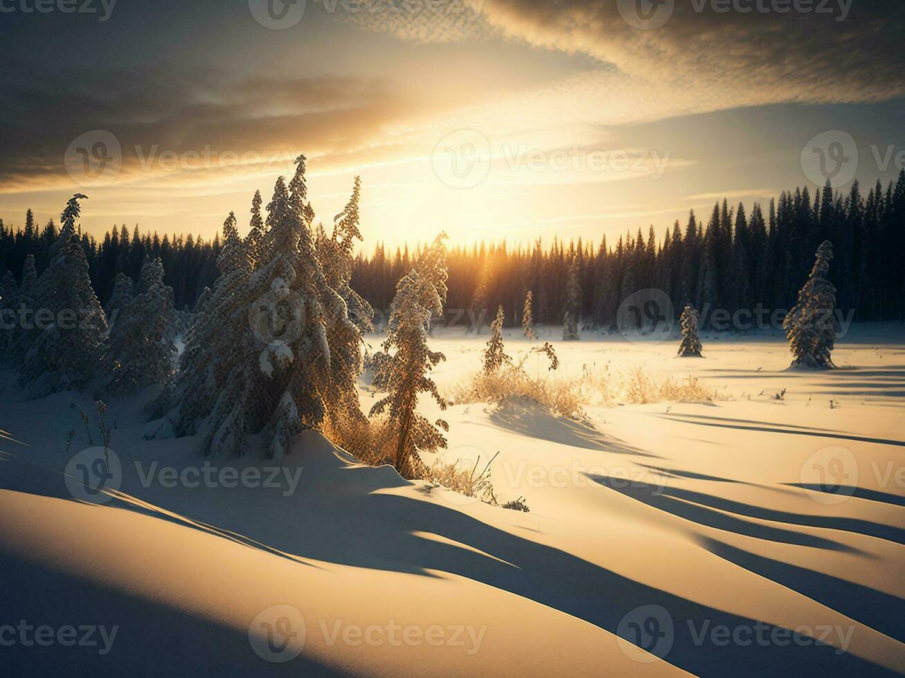 ai genererad solnedgång i de trä mellan de träd stammar i vinter- period. solnedgång i de skog foto