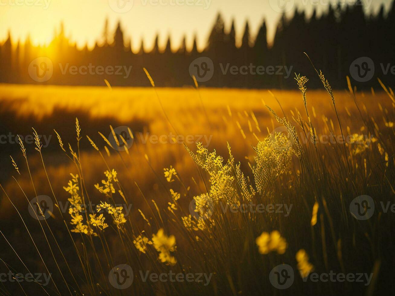ai genererad lysande fält av vinter- mjuk fokus solnedgång äng med gul blommor naturens omfamning. en symfoni av färger värma vinter- solnedgång äng med abstrakt mjuk fokus natur harmoni foto