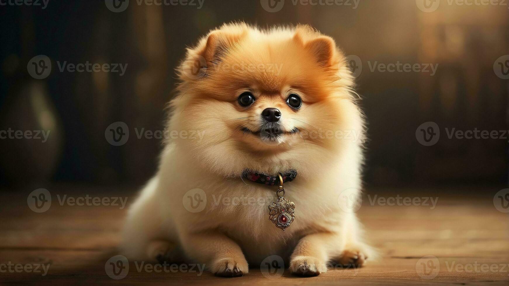 ai genererad pomeranian spets hund söt härlig utgör leende fluffig pommern spets med avrundad ansikte, mycket Lycklig ai generativ foto