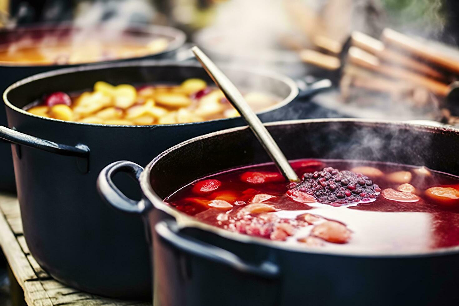 ai genererad drycker frukt och bär varm funderade vin i kastruller med ånga i gata mat marknadsföra. generativ ai foto